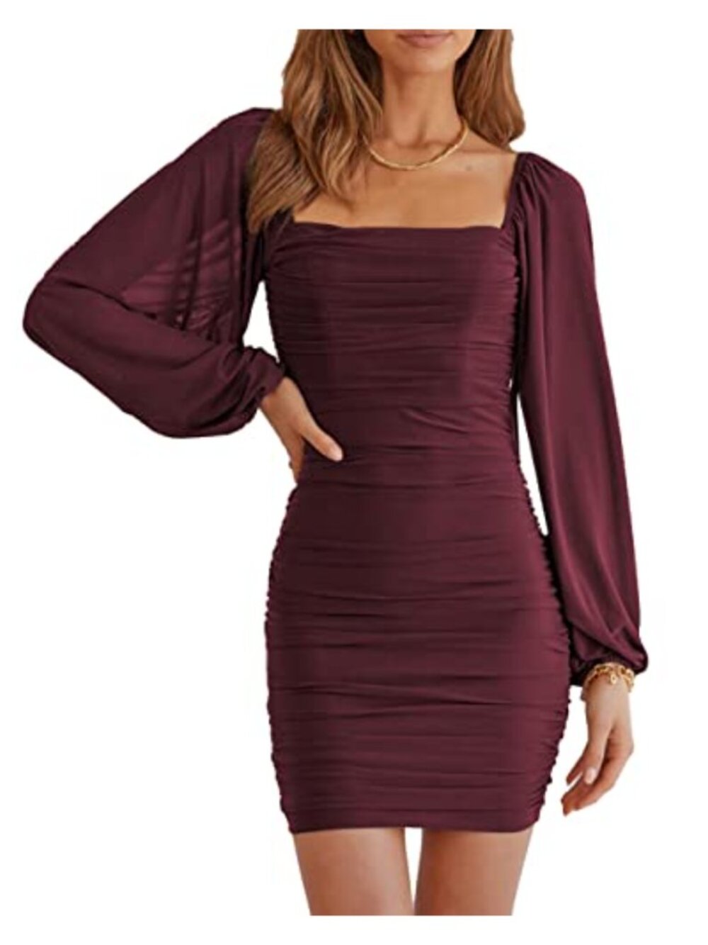 Women's Long Sleeve Ruched Bodycon Mini Dress Square Neck Lantern Sleeve Party